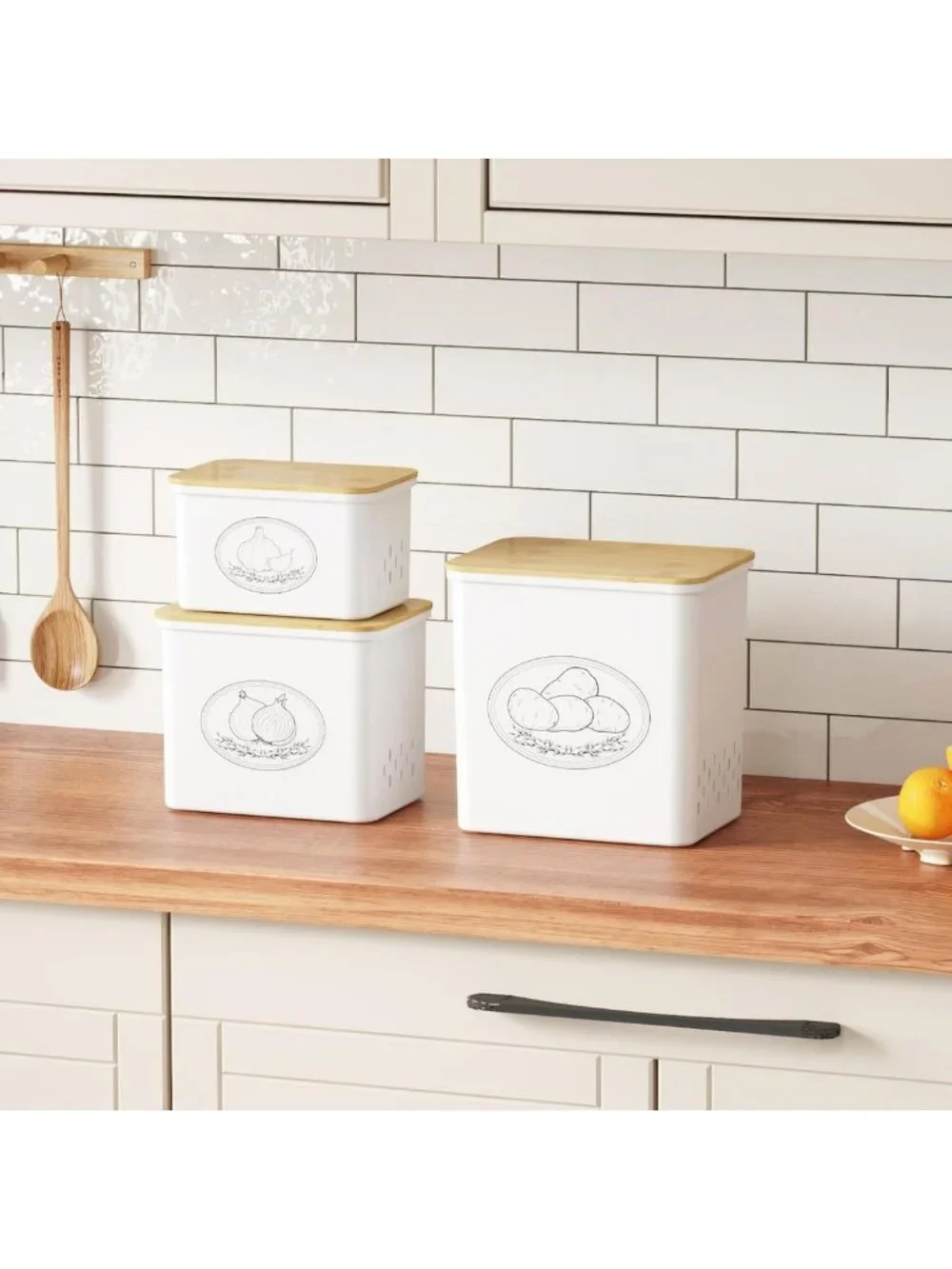 Set of 3 White Plastic Storage Bins for Potatoes & Onions - Kitchen Organization